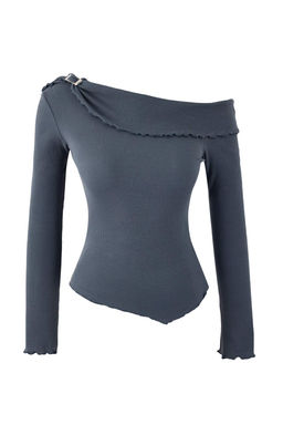 Antrasit Fitted/Vucuda Oturan Asimetrik Yaka Aksesuar Detayl? Fitilli Esnek Orme Bluz TWOSS26BZ00072