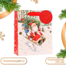 Пакет подарочный новогодний ламинированный На санях, люкс, 18?22.3?10 см