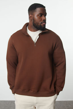 Kahverengi Buyuk Beden Oversize Dik Yaka Fermuarl? Ici Polarl? Sweatshirt TMNAW24AO00024