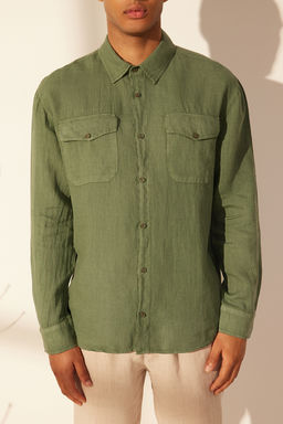 Premium Koyu Yesil %100 Keten Regular Fit Gomlek TMNSS24GO00060 - Trendyolmilla фото 4