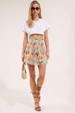 Trendyolmilla Cok Renkli Etegi Katl? Desenli Yazl?k %100 Pamuk Mini Etek TWOSS25ET00187