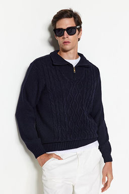 Lacivert Regular Fit Fermuarl_ Yar_m Bal_k__ Yaka Triko Kazak TMNAW24KZ00047