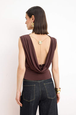 Kahverengi Duz Kay?k Yaka Kolsuz Orme Sandy Party Bluz TPRSS26BZ00052 - Trendyolmilla фото 5