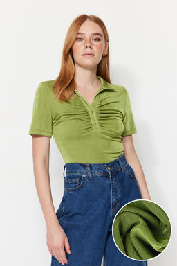 Yesil Parlak Yuzeyli ve Yumusak Dokulu Polo Yaka C?tc?tl? Orme Body TWOSS23BD00059
