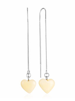 Нежные продевные серьги с натуральным медовым янтарем Сердце