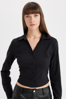 Fitted Bengalin Dokuma Basic Duz Uzun Kollu Siyah Gomlek