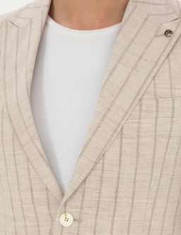 Bej Slim Fit _izgili Y_n Kar___ml_ Keten Tak_m Elbise