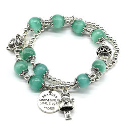 Двойной браслет из кошачьего глаза с подвеской шарик 8мм цв.мятный