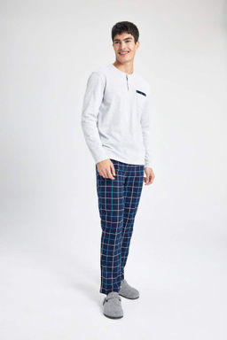 Regular Fit Pijama Tak?m? Bisiklet Yaka Uzun Kollu Ust Beli Lastikli Kareli Uzun Alt - Defacto фото 3