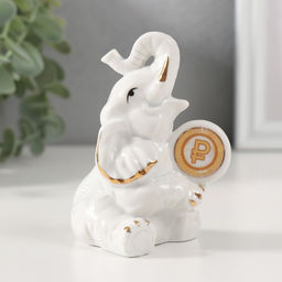 Фигурка керамика «Слон с монетой - рубль», белый с золотом, 5.8×6.5×9.5 см