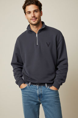 Antrasit Regular/Normal Kesim Dik Yaka Fermuarl? Pamuklu Geyik Nak?s Sweatshirt TMNAW24SW00041