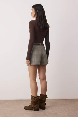 Kahverengi Kemerli Mini Ekoseli Dokuma Sort Etek TWOAW26ET00166 - Trendyolmilla фото 4