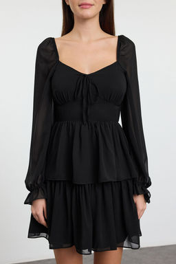 Siyah F?rf?rl? Mini Astarl? Sifon Ucus Ucus Dokuma Elbise TWOAW23EL01455