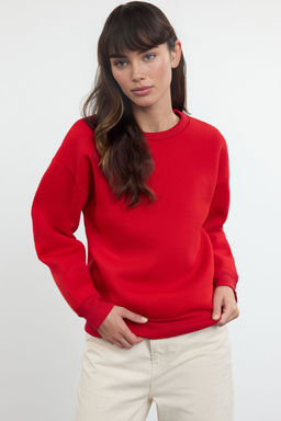K?rm?z? Kal?n Ici Polarl? Regular/Normal Kal?p Bisiklet Yaka Basic Orme Sweatshirt TWOAW24SW00101