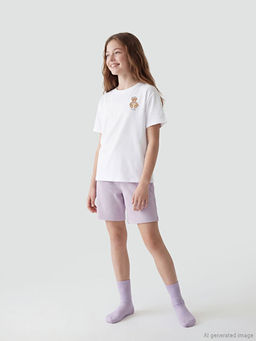 Bisiklet Yaka Bask?l? K?z ?ocuk ?ortlu Pijama Tak?m?