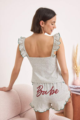 Beyaz Pamuklu Puantiyeli Slogan Bask?l? F?rf?rl? Orme Pijama Tak?m? THMSS26PT00143