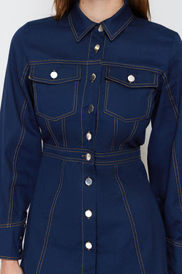 Lacivert Dugme Detayl? Mini Dokuma Gomlek Elbise TWOAW23EL01424