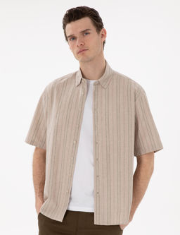 Haki Keten Kar___ml_ Oversize Rahat Kesim K_sa Kollu G_mlek