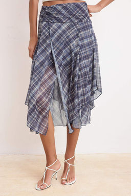 Mavi Sifon Ekoseli/Kareli Midi Asimetrik Astarl? Etek TWOSS26ET00104 - Trendyolmilla фото 3