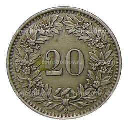 Монета 20 раппенов 1944 года Швейцария
