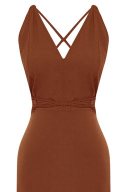 TRENDYOLMILLA Kahverengi Midi Dokuma S?rt Dekolteli Plaj Elbisesi TBESS22EL0727  фото 7