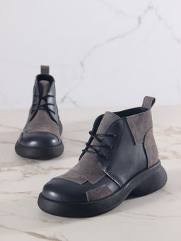 Ботинки EDART 305.927 bl. Вакса черная+серый замок замша/байка