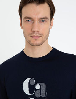 Lacivert Slim Fit Bisiklet Yaka Triko Kazak