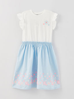 Bisiklet Yaka Bask?l? K?sa Kollu K?z ?ocuk Elbise