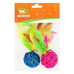 Цена за 2 шт. Игрушка для кошек Шар из лозы с пером, 3,8 см, синий/фиолетовый - Пижон фото 5