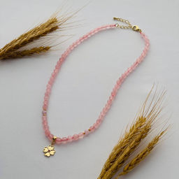 Бусы с подвеской "Клевер" из Розового кварца с Кунцитом 42 см +