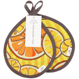 Кухонный комплект Апельсинки, вид 5: прихватка 18х20см форма Капелька - 2шт, рогожка 171г/м2, хлопок 100%, наполнитель - ватин 280г/м2, на пластмассовом подвесе, Домашняя мода (Россия)