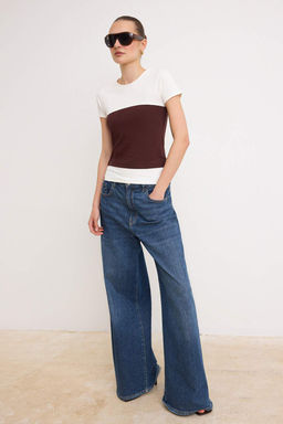 Cok renkli Fitted/Vucuda Oturan K?sa Kollu Orme Pamuklu Esnek Orme T-shirt TWOSS26TS00298
