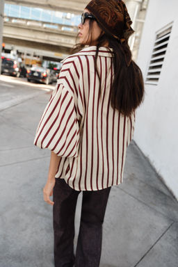 CAMISA RAYAS MANGA ABULLONADA / Crudo / Granate - Zara фото 3