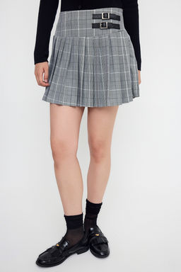 Teen Gri Ekoseli Deri Kemer Detayl? Piliseli Dokuma Mini Etek TWOAW26ET00038 - Trendyolmilla фото 3