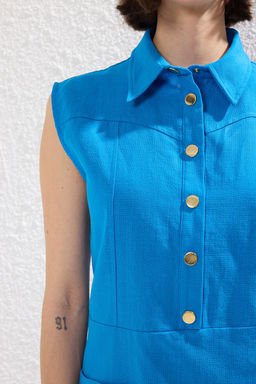 Saks Duz Kesim Cepli Gomlek Yaka Keten Gorunumlu Mini Dokuma Elbise TWOSS22EL1068