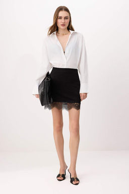 Siyah A-Kesim/Can Form Dantel Detayl? Normal Bel Mini Interlok Orme Etek TWOSS26ET00177