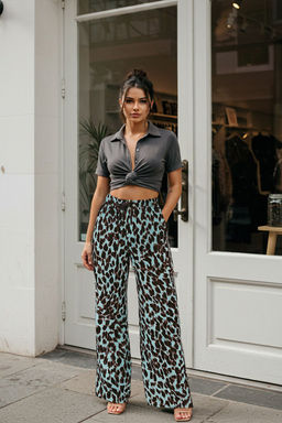 Mavi Beli Lastikli Wide Leg/Genis Paca Leopar Desenli Dokuma Pantolon TWOSS25PL00005