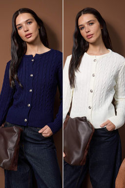 Lacivert-Ekru 2li Fitted/Vucuda Oturan Ikili Paket Triko H?rka TWOAW26HI00218