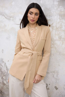 TRENDYOLMILLA Bej Keten Gorunumlu Ceket Yaka Belden Kusakl? Blazer Ceket TWOSS25BC00037  фото 2