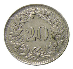 Монета 20 раппенов 1945 года Швейцария