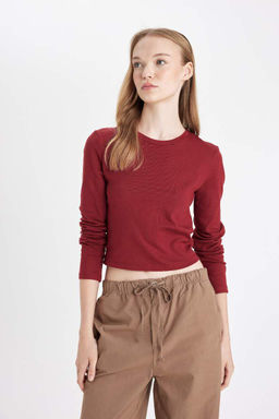 Женская классная однотонная футболка в рубчик с круглым вырезом и длинными рукавами - Defacto фото 4