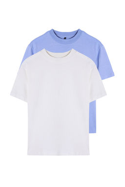 Ekru-Mavi 2li Paket %100 Pamuk Basic Dik Yaka Orme T-Shirt TWOSS20TS1500
