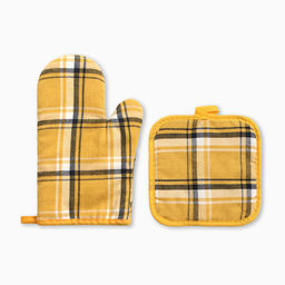 Кухонный набор «Этель. Клетка»: прихватка 17×17 см, варежка-прихватка 26×16 см, жёлтый