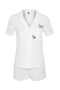 Trendyolmilla Beyaz Kedi Nak?sl? Sortlu Dokuma Pijama Tak?m? THMSS24PT00123  фото 8