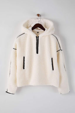 Ekru Biye Detayl? Oversize/Genis Kal?p Pelus Kapusonlu Kal?n Orme Sweatshirt TWOAW26SW00229 - Trendyolmilla фото 5