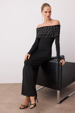 Siyah Orme Tas Bask? Detayl? Maxi Astars?z Elbise TPRAW26EL00127