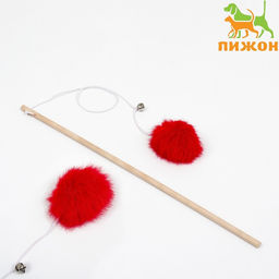 Дразнилка Пушок на деревянной палочке, с бубенчиком, 36 см, красная