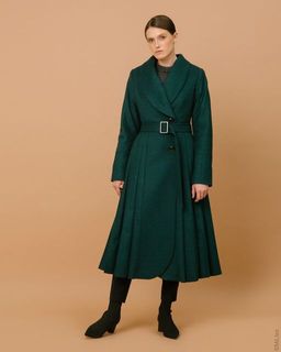 Зимнее шерстяное пальто с юбкой гофре макси, изумрудное. Арт. 322у