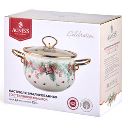 КАСТРЮЛЯ ЭМАЛИРОВАННАЯ AGNESS СО СТЕКЛЯННОЙ КРЫШКОЙ СЕРИЯ CELEBRATION, 3.6 Л, 22*13 СМ фото 3