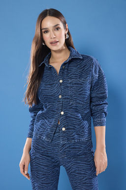 Koyu Mavi Animal Zebra Desenli Denim Gomlek Ceket TWOSS25CE00046